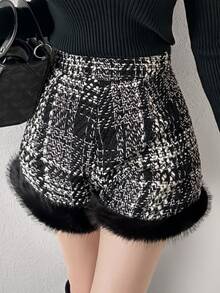FRIFUL Women's Autumn Plaid Patchwork Striped Shorts - Black - View 5