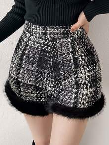 FRIFUL Women's Autumn Plaid Patchwork Striped Shorts - Black - View 6