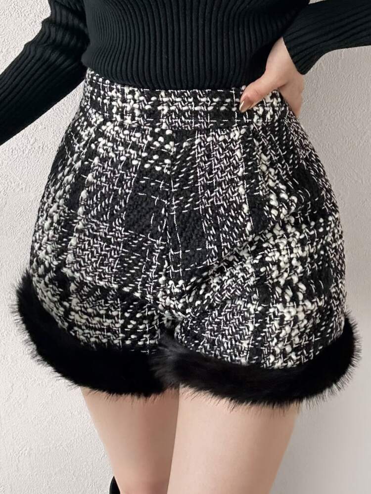FRIFUL Women's Autumn Plaid Patchwork Striped Shorts - Black - View 6