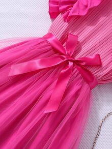 Tween Girls Waist Hot Pink Summer Cute Birthday Ruffled Cap Sleeve Ribbed Mesh Round Neck Princess Mini Dress With Belt For Halloween, Graduation, ... - Hot Pink - View 8