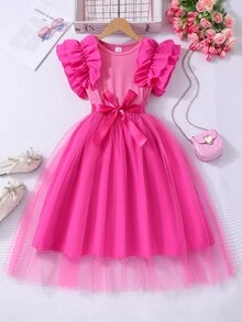 Tween Girls Waist Hot Pink Summer Cute Birthday Ruffled Cap Sleeve Ribbed Mesh Round Neck Princess Mini Dress With Belt For Halloween, Graduation, ... - Hot Pink - View 3