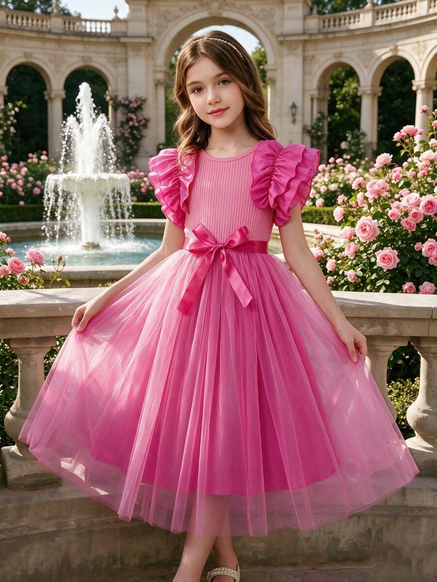 Tween Girls Waist Hot Pink Summer Cute Birthday Ruffled Cap Sleeve Ribbed Mesh Round Neck Princess Mini Dress With Belt For Halloween, Graduation, ...