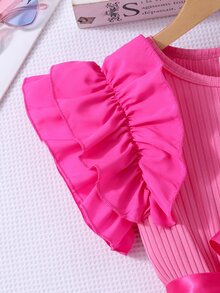 Tween Girls Waist Hot Pink Summer Cute Birthday Ruffled Cap Sleeve Ribbed Mesh Round Neck Princess Mini Dress With Belt For Halloween, Graduation, ... - Hot Pink - View 5