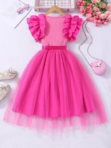 Tween Girls Waist Hot Pink Summer Cute Birthday Ruffled Cap Sleeve Ribbed Mesh Round Neck Princess Mini Dress With Belt For Halloween, Graduation, ... - Hot Pink - View 4