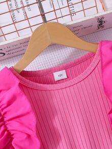 Tween Girls Waist Hot Pink Summer Cute Birthday Ruffled Cap Sleeve Ribbed Mesh Round Neck Princess Mini Dress With Belt For Halloween, Graduation, ... - Hot Pink - View 6
