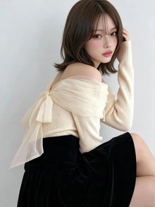FRIFUL Áo thun nữ một vai phối lưới nơ màu trơn tương phản cho mùa thu - Màu be - Xem 3