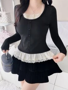 FRIFUL Kaos Slim Fit Wanita Motif Blok Warna Musim Gugur dengan Hiasan Renda Kontras - Hitam - View 9