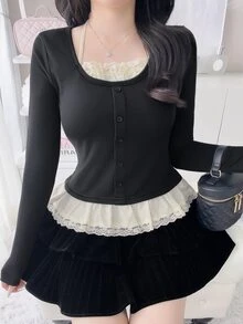 FRIFUL Kaos Slim Fit Wanita Motif Blok Warna Musim Gugur dengan Hiasan Renda Kontras - Hitam - View 4