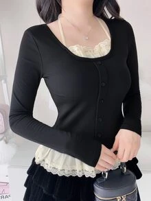 FRIFUL Kaos Slim Fit Wanita Motif Blok Warna Musim Gugur dengan Hiasan Renda Kontras - Hitam - View 7