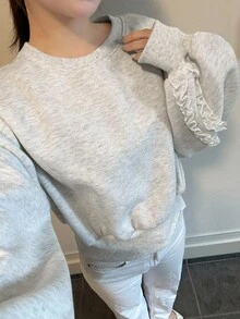FRIFUL Women's Solid Color Round Neck Patchwork Frill Trim Drop Shoulder Long Sleeve Casual Sweatshirt - Grey - View 2