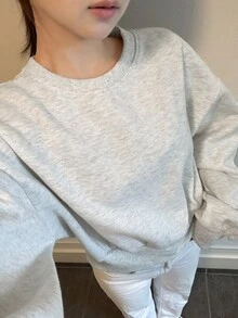 FRIFUL Women's Solid Color Round Neck Patchwork Frill Trim Drop Shoulder Long Sleeve Casual Sweatshirt - Grey - View 4