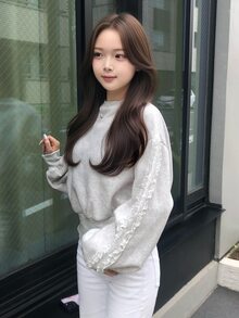 FRIFUL Women's Solid Color Round Neck Patchwork Frill Trim Drop Shoulder Long Sleeve Casual Sweatshirt - Grey - View 6