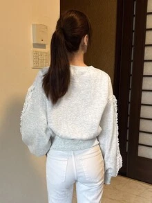 FRIFUL Women's Solid Color Round Neck Patchwork Frill Trim Drop Shoulder Long Sleeve Casual Sweatshirt - Grey - View 3