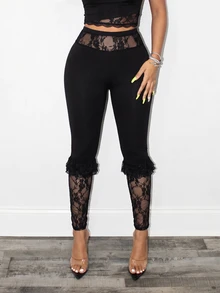 BamGleam Legging Ketat Wanita Motif Renda Patchwork Kasual Serbaguna untuk Pemakaian Sehari-hari - Hitam - View 7