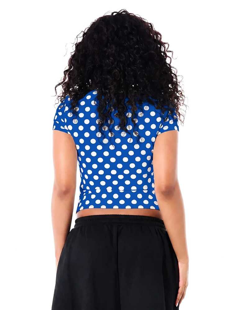 SUMWON Polka Dot Crop Top With Novelty Badge Print Graphic Tee Short Sleeve Stretch Fitted Slim Fit Tee Festival Summer Party Top - Navy Blue - View 2