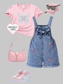 SHEIN Gaun Terusan Denim untuk Balita Perempuan, Biru, Siluet A-Line Manis untuk Kembali ke Sekolah, Dekorasi Pita 3D & Desain Bordir Merah Muda, Lembut dan Modis untuk Musim Semi/Panas - Medium Wash - View 5