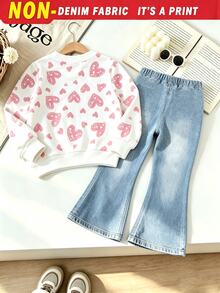SHEIN Elladie kids 女童秋冬休閒套裝：愛心圖案衛衣 + 仿牛仔印花喇叭褲，適合日常穿著 - 粉色 - 查看 2