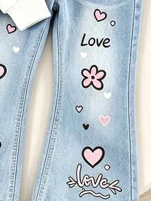 SHEIN Elladie kids 女童秋冬休閒套裝：愛心圖案衛衣 + 仿牛仔印花喇叭褲，適合日常穿著 - 粉色 - 查看 6