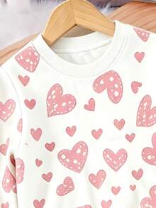 SHEIN Elladie kids 女童秋冬休閒套裝：愛心圖案衛衣 + 仿牛仔印花喇叭褲，適合日常穿著 - 粉色 - 查看 5