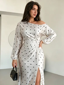 Elegantrix Plus Size Women's Elegant Spring Summer Autumn Wedding Evening Party Ball Date Dress With Asymmetrical Shoulder Lantern Sleeve Pleated Slit Mermaid Tail - Multicolor - View 2