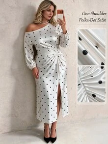 Elegantrix Plus Size Women's Elegant Spring Summer Autumn Wedding Evening Party Ball Date Dress With Asymmetrical Shoulder Lantern Sleeve Pleated Slit Mermaid Tail - Multicolor - View 3