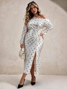 Elegantrix Plus Size Women's Elegant Spring Summer Autumn Wedding Evening Party Ball Date Dress With Asymmetrical Shoulder Lantern Sleeve Pleated Slit Mermaid Tail - Multicolor - View 6