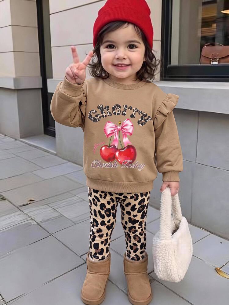 SHEIN Baby Girl Letter Cherry Pattern Long Sleeve Autumn Sweatshirt And Leopard Print Leggings Casual Daily Outfit - Brown - View 2