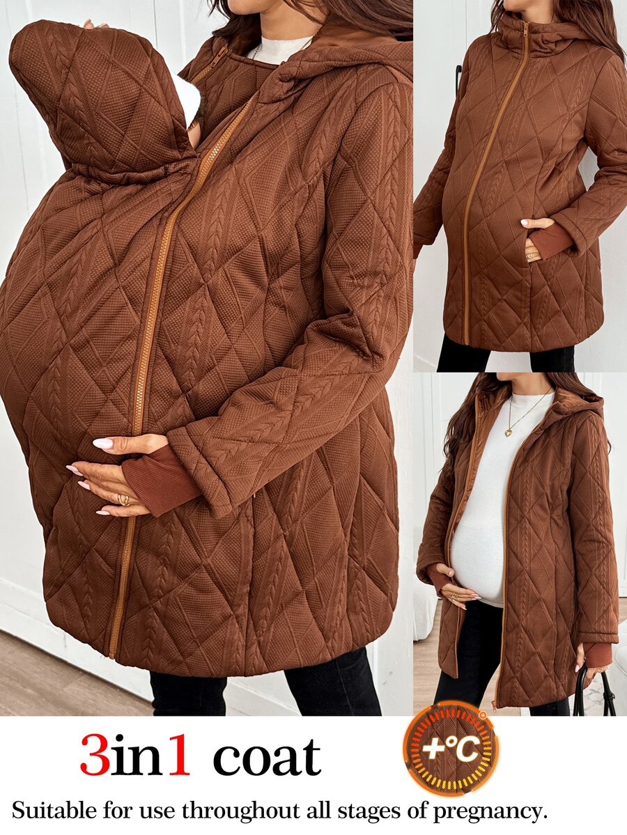 SHEIN Maternity Autumn/Winter Hooded 3-In-1 Jacket Fall - Brown - View 1