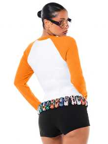 SUMWON Atasan Lengan Panjang Raglan Motif Grafis Tokyo, Atasan Leher Bulat Blok Warna, Pas Badan dengan Seni Tato Bunga Gaya Festival - Jeruk - View 2