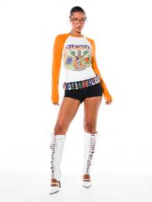 SUMWON Atasan Lengan Panjang Raglan Motif Grafis Tokyo, Atasan Leher Bulat Blok Warna, Pas Badan dengan Seni Tato Bunga Gaya Festival - Jeruk - View 3