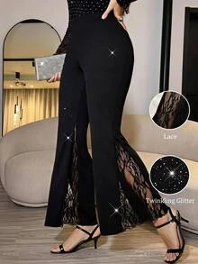 Reflora Plus Size Women's Lace Casual Versatile Daily Wear Flare Pants Fall - Black - View 6