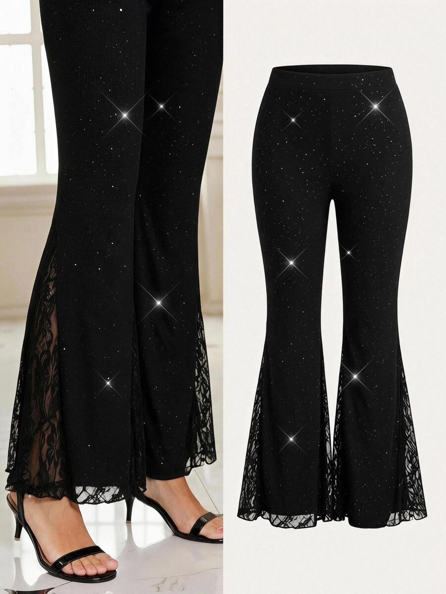 Reflora Plus Size Women's Lace Casual Versatile Daily Wear Flare Pants Fall - Black - View 1