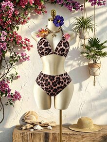 SHEIN Swim 大尺碼 3 件組花卉飾邊素色休閒女式泳裝套裝 度假海灘假期棕色夏季 - 彩色 - 查看 5