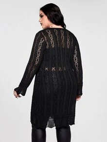 ROMWE Casual Versatile Loose V-Neck Tie-Front Long Sleeve Transparent Long Cardigan Plus Size - Black - View 2