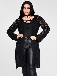 ROMWE Casual Versatile Loose V-Neck Tie-Front Long Sleeve Transparent Long Cardigan Plus Size - Black - View 6