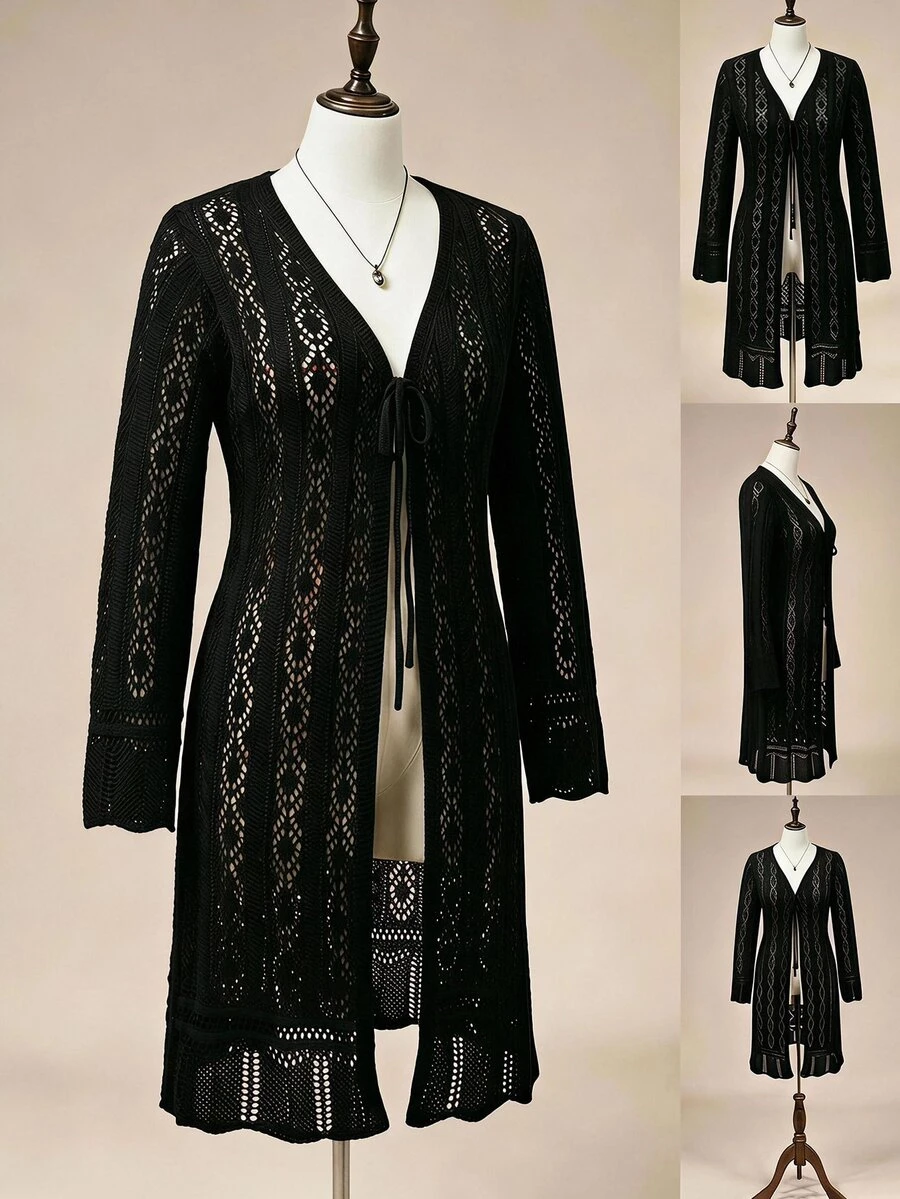 ROMWE Casual Versatile Loose V-Neck Tie-Front Long Sleeve Transparent Long Cardigan Plus Size - Black - View 1