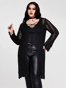 ROMWE Casual Versatile Loose V-Neck Tie-Front Long Sleeve Transparent Long Cardigan Plus Size - Black - View 4