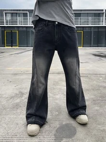 RivetRise 男士美式復古街頭風喇叭褲腳可拆卸牛仔褲 黑灰色水洗褪色側縫線寬鬆靴褲牛仔長褲 外出度假秋季穿搭 - 深灰色 - 查看 4