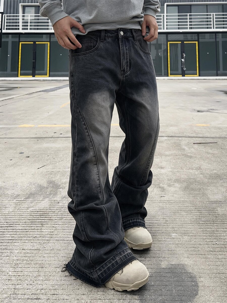 RivetRise 男士美式復古街頭風喇叭褲腳可拆卸牛仔褲 黑灰色水洗褪色側縫線寬鬆靴褲牛仔長褲 外出度假秋季穿搭 - 深灰色 - 查看 1