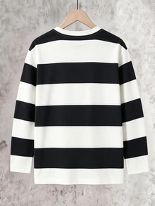 Tween Boys T-Shirt Casual Navy Blue Patchwork Striped Long Sleeve Loose Round Neck School Street Autumn Back-To-School Winter - Multicolor - View 5