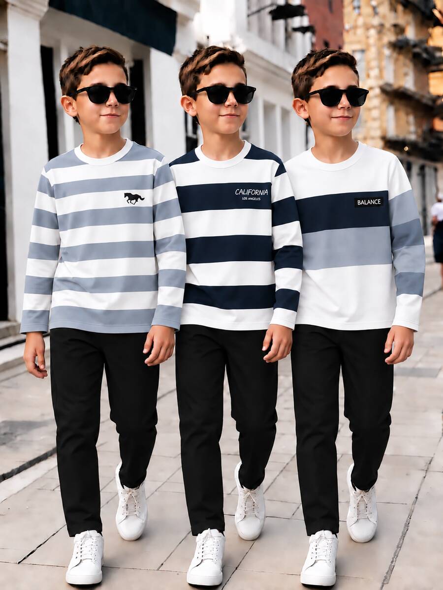 Tween Boys T-Shirt Casual Navy Blue Patchwork Striped Long Sleeve Loose Round Neck School Street Autumn Back-To-School Winter - Multicolor - View 1