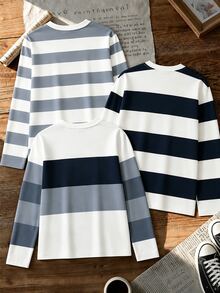 Tween Boys T-Shirt Casual Navy Blue Patchwork Striped Long Sleeve Loose Round Neck School Street Autumn Back-To-School Winter - Multicolor - View 2