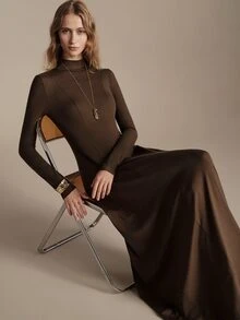 Anewsta Essential Elegant Commuter High Neck Women's Brown Colorblock Knit Dress - Brown - View 3