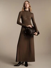 Anewsta Essential Elegant Commuter High Neck Women's Brown Colorblock Knit Dress - Brown - View 6