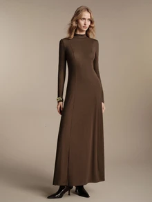 Anewsta Essential Elegant Commuter High Neck Women's Brown Colorblock Knit Dress - Brown - View 5