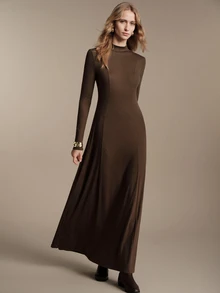 Anewsta Essential Elegant Commuter High Neck Women's Brown Colorblock Knit Dress - Brown - View 4