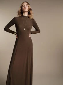 Anewsta Essential Elegant Commuter High Neck Women's Brown Colorblock Knit Dress - Brown - View 7