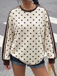 Muchica Kaos Wanita Ukuran Besar Motif Polkadot Blok Warna Kasual Serbaguna untuk Pemakaian Sehari-hari - MultiWarna - View 1