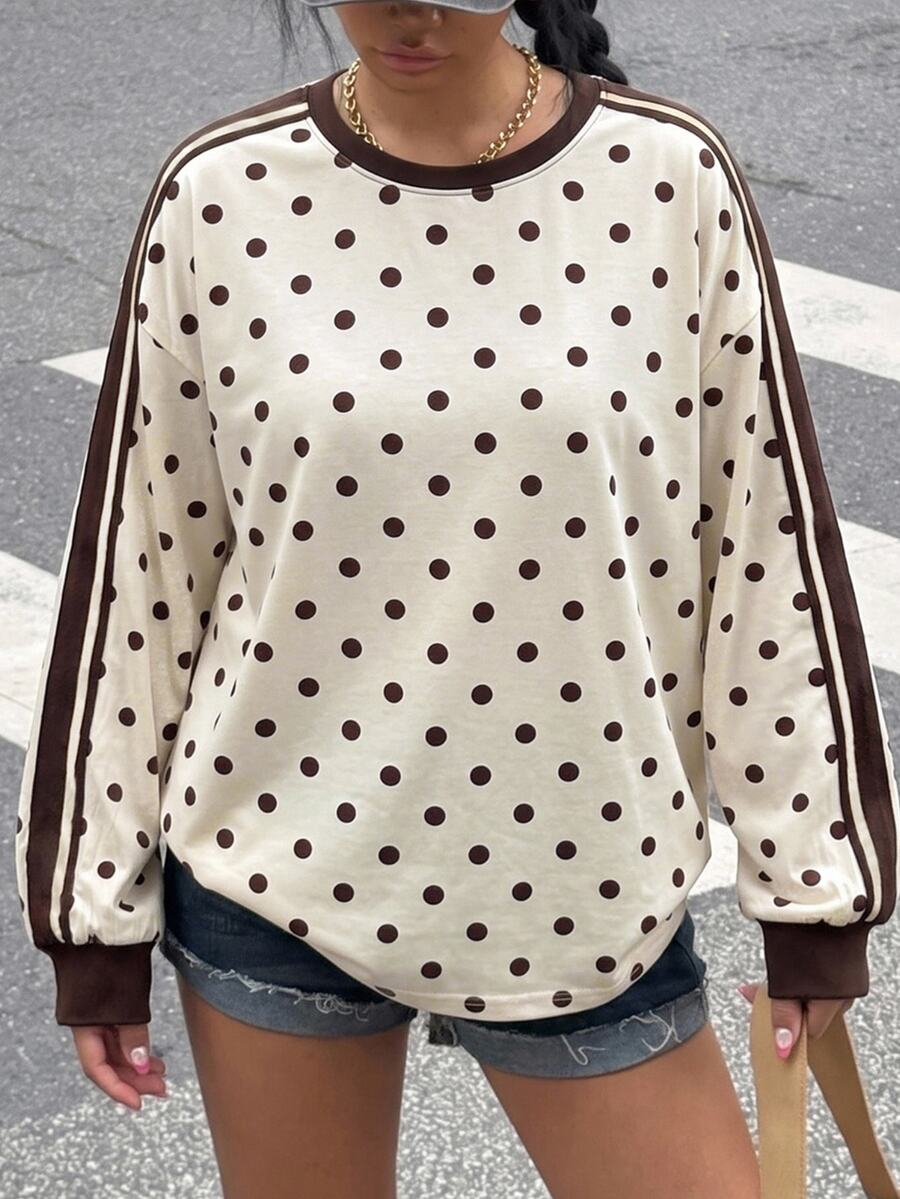 Muchica Plus Size Women Polka Dot Color Block Casual Versatile Daily Wear T-Shirt - Multicolor - View 1