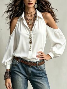 SHEIN Solid Cold Shoulder Button Front Shirt - White - View 4